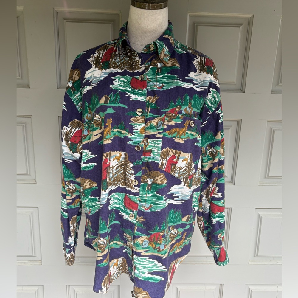 Vintage 80's Punch Hunting & Fishing Scene Button Down Shirt